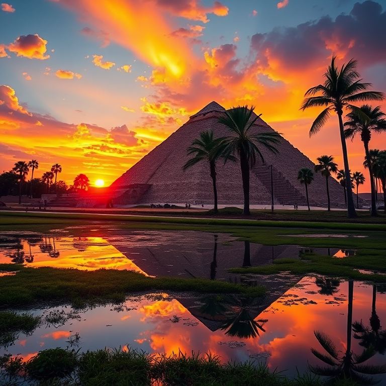 generate a landscape image of the pyramids at sunset with palm trees, vibrant colors, high resolution, DSLR camera, 24mm lens, aperture f/8, ISO 100, shot from a low angle to emphasize the foreground and reflections in water