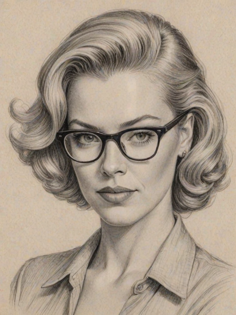 Enticing Hannah Waddingham, pencil sketch, portrait of Sublime woman 1944s in glasses, hair style beatnik, outline, clear lines, fine lines, 8k