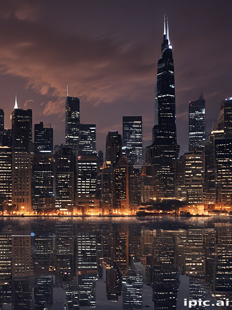 Stunning Night Skyline of a City Reflected in Calm Water