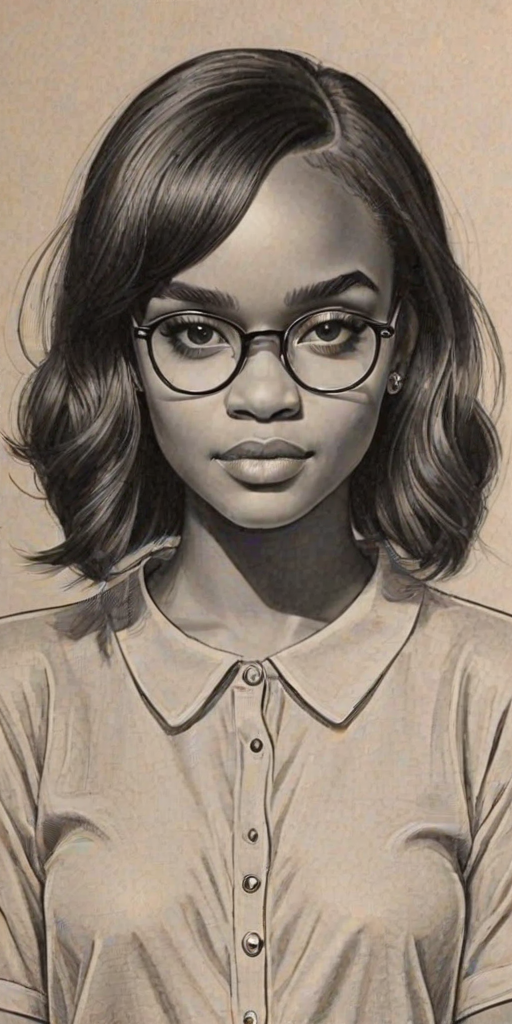 Captivating China Anne McClain, pencil sketch, portrait of Bewitching woman 1926s in glasses, hair style beatnik, outline, clear lines, fine lines, 8k