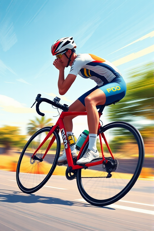 Create a high-quality digital illustration of a cyclist in motion, focusing on dynamic posture and vivid colors, using a DSLR camera with a 50mm lens at f/2.8, ISO 100, shutter speed 1/500s, from a low angle view to emphasize speed and movement.