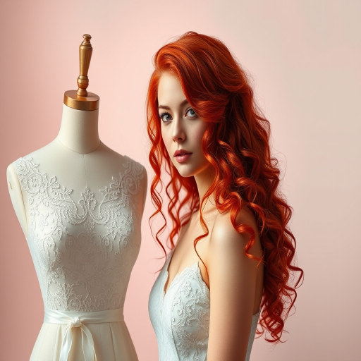 Create an artistic illustration of a woman with long, curly red hair standing beside a lace dress on a mannequin, with soft pastel background colors, using a DSLR camera, 50mm lens, f/1.8 aperture, ISO 200, natural light, and a shallow depth of field for enhanced image quality.