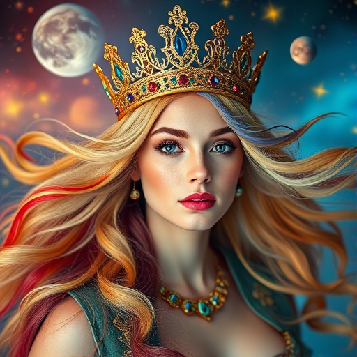 Create a portrait of a celestial queen with flowing, multicolored hair and an ornate crown, set against a vibrant cosmic background with stars and planets, using a 50mm lens, f/1.8 aperture, ISO 100, in soft natural light, with a slight bokeh effect to enhance depth and detail.