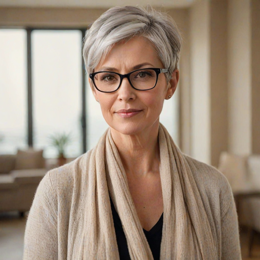 Portrait of a mature woman with short silver hair, styled in an asymmetrical pixie cut with side bangs. She wears black-framed glasses and a beige blouse with a white cardigan over it, as well as a bulky scarf in neutral tones. The woman is indoors with soft lighting and a blur in the background. Her expression is serene and confident, highlighting her elegance and modern style.