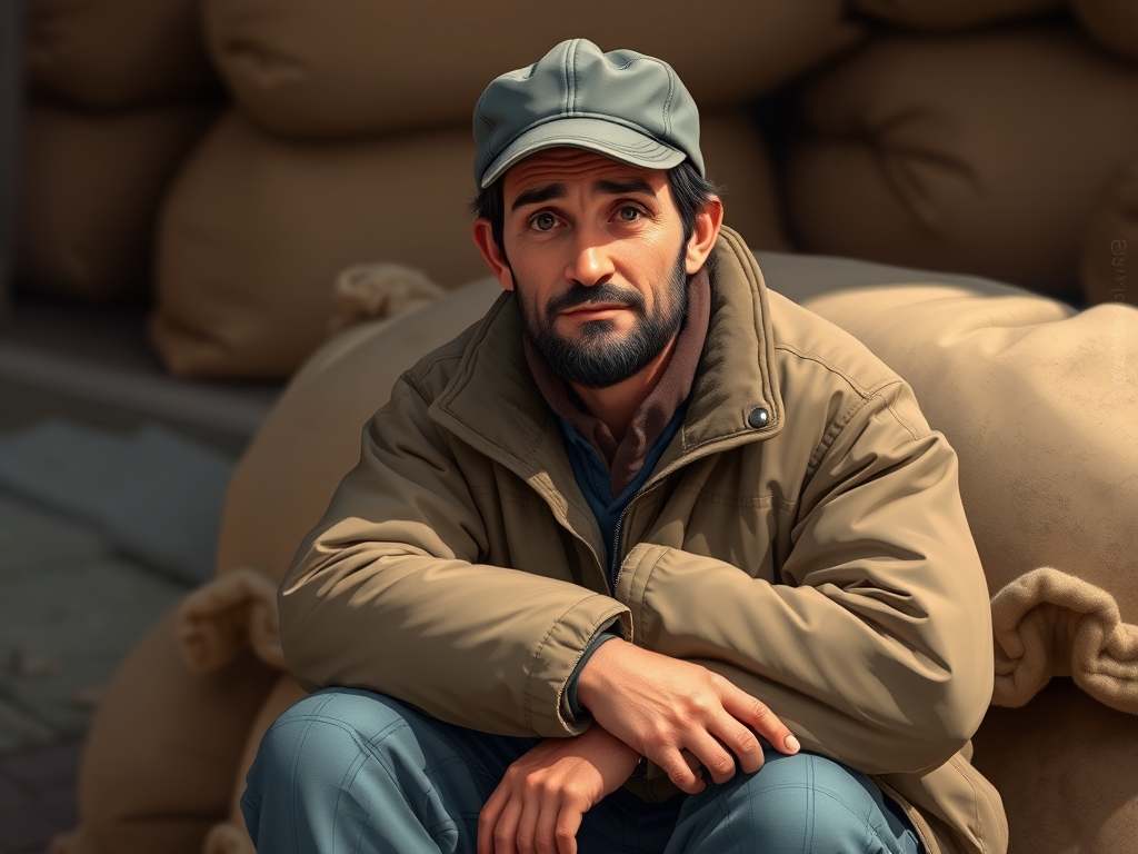 Create a digital illustration of a man sitting on a sack, wearing a cap and a warm jacket, with a weary expression, captured in a close-up view, using a high-resolution digital camera with a 50mm lens, aperture set to f/2.8, ISO 100, soft natural lighting to enhance details and texture.