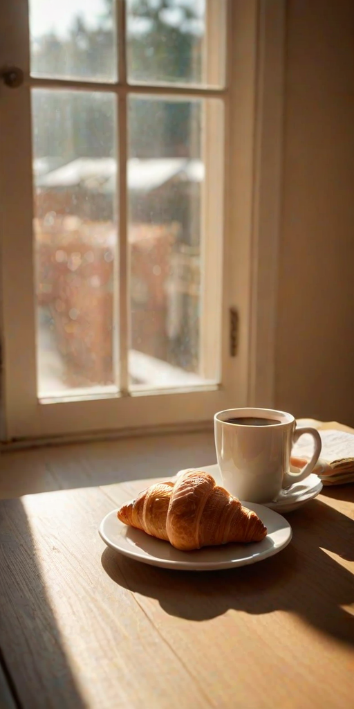 Warmly lit image of a cozy cafeat dawn, soft sunlight streaming through the windows, a cup of coffee and a croissant on the table, soft shadows cast on the floor, and the smell of freshly brewed coffee and pastries in the air.