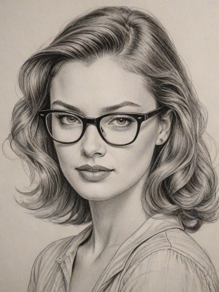 Comely Lili Simmons, pencil sketch, portrait of Delightful woman 1953s in glasses, hair style beatnik, outline, clear lines, fine lines, 8k