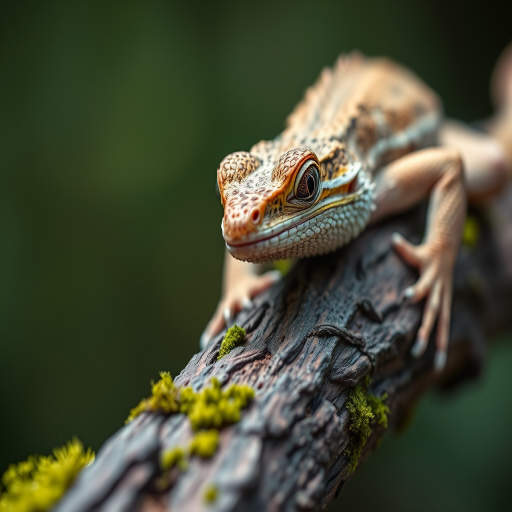 Close-up view of a bearded dragon on a textured branch with detailed scales and moss, shallow depth of field, DSLR camera, f/2.8, 100mm lens, ISO 200, natural lighting.
