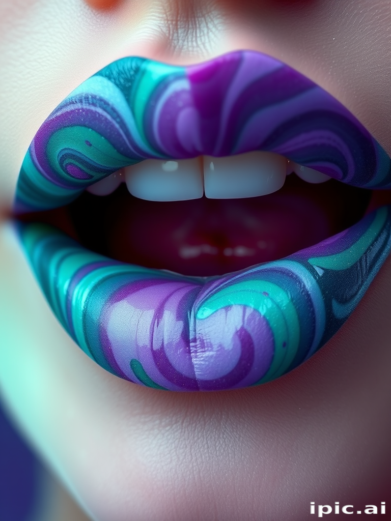 Mystical northern lights lips featuring swirling greens, purples, and blues with a subtle shimmer, capturing the ethereal beauty of the aurora borealis