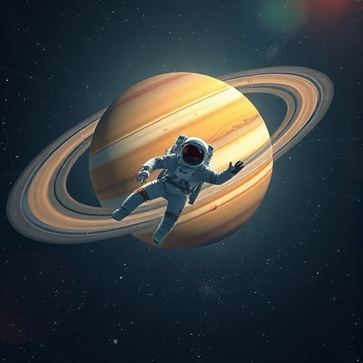 Create an illustration of an astronaut floating in space with a detailed representation of Saturn in the background, using a high-resolution digital art style, captured with a wide-angle lens at f/11, ISO 100, and a soft focus effect to enhance depth.