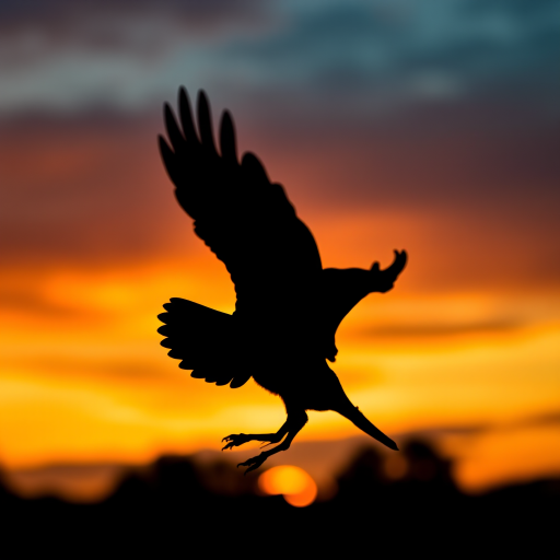 Create a vibrant, high-resolution silhouette of a bird in motion against a colorful sunset background, shot with a Canon EOS R5 at f/4, ISO 200, Shutter Speed 1/500s, in a wide-angle view, using a dramatic lighting style to enhance details.