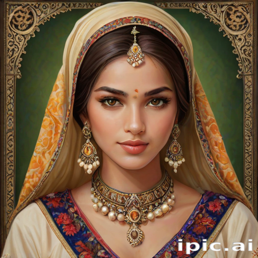 Create a portrait of a beautiful woman with striking hazel eyes and a gentle expression. She is adorned in traditional attire with intricate patterns, including a richly embroidered headscarf and matching garments. Her jewelry includes a delicate headpiece, dangling earrings, and ornate bracelets, all featuring vibrant gemstones and detailed metalwork. The background is soft and warm, enhancing the rich colors of her outfit and jewelry.