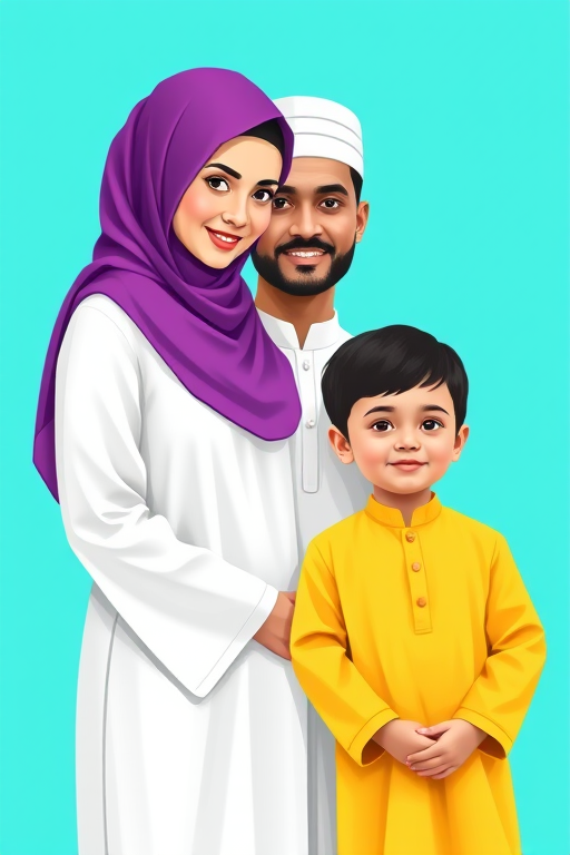 Create a high-quality vector illustration of a family consisting of a mother wearing a hijab in purple, a father in traditional white attire, and a young boy in a yellow outfit, set against a vibrant turquoise background, using a digital art style with sharp lines and vivid colors. Use a 50mm lens, aperture f/8 for clarity, and a soft-focus background effect.