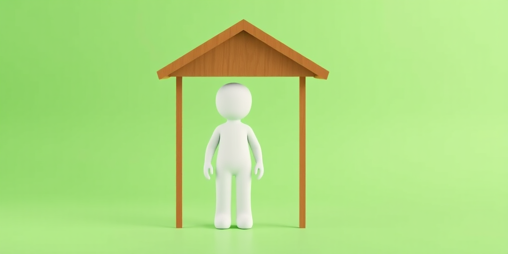 Generate a high-resolution illustration of a simple white stick figure standing under a roof icon on a solid green background, using a 50mm lens with an aperture of f/2.8, at 1/200 second shutter speed, in a studio setting with soft lighting for a clean, modern look.