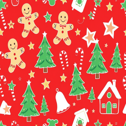 Create a seamless pattern featuring festive holiday elements on a red background include gingerbread men candy canes Christmas trees stars bells and small houses in a whimsical hand-drawn style