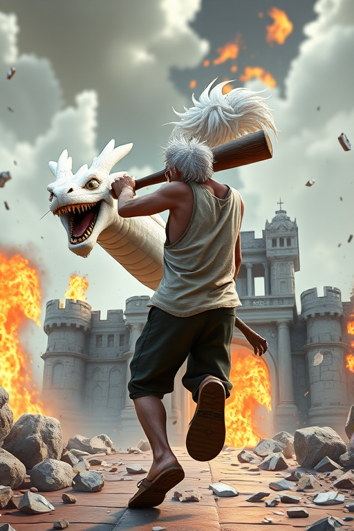Cartoon 3D High-Resolution,dynamic battle scene using Unreal Engine 5 and Octane Render. The scene features back of an elderly, thai man with a beard,messy hair and round golden-rimmed glasses. He is wearing a tattered tank top with soot marks, shorts, and sandals. sweating. he wields a baseball bat. He jump to fight with a white fire-breathing Europe dragon amidst a partially destroyed stone castle. Include intense flames, smoke, and debris to enhance the dramatic effect.