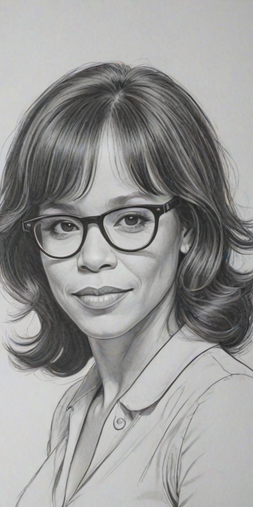 Ravishing Rosie Perez, pencil sketch, portrait of Exquisite woman 1952s in glasses, hair style beatnik, outline, clear lines, fine lines, 8k