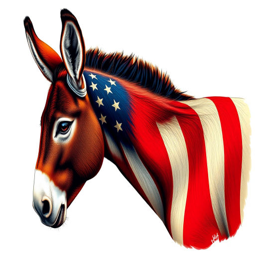 create an illustration of a donkey with the American flag overlaid on its body, use a high-resolution digital art style, settings: ISO 100, aperture f/8, shutter speed 1/250s, shot from a side view with vibrant colors and sharp details, using a DSLR camera.