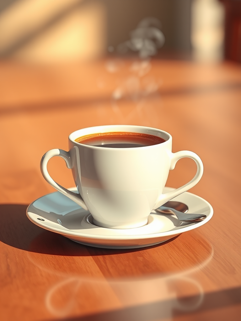 Generate a high-resolution digital illustration of a steaming coffee cup on a saucer, emphasizing a warm color palette, with a focus on realistic textures and reflections, using 50mm lens, f/1.8 aperture, ISO 100, and a shallow depth of field, captured in soft natural lighting.