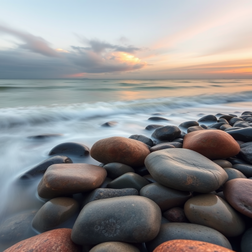 Create a serene seascape featuring smooth rocks on the shore with gentle waves, captured at sunset, using a Canon EOS R5, 24mm lens, f/11 aperture, 1/5s shutter speed, ISO 100, with a long exposure to create smooth water effects and a balanced composition.