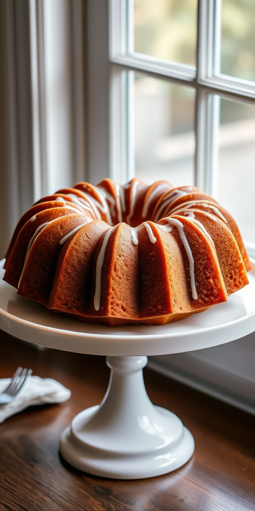 A beautifully baked bundt cake with a golden brown exterior and a moist interior displayed on a white cake stand with a drizzle of icing on top and a fork beside it, set against a bright window background.