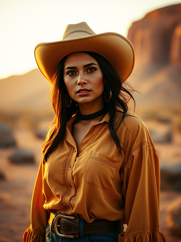 Dramatic photo of a beautiful taino woman, classic cowboy attire, confident and free spirit expression, half-length portrait, centered, golden hour desert landscape, warm, diffused light, low angle, medium format film camera, in style of Annie Leibovitz.