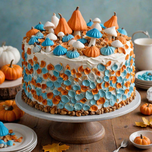 Create an image of a fall-themed cake with a smooth white frosting topped with pastel-colored meringue mushrooms in shades of orange and blue. The bottom of the cake should have a sprinkle of golden sugar or crushed graham crackers, and it should be displayed on a rustic cake stand. Include some small decorative pumpkins around the base for a seasonal touch.