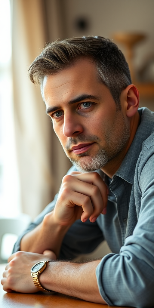 Portrait of a man sitting at a table with a contemplative expression, soft natural lighting, indoor setting, focal length 50mm, aperture f/2.8, ISO 200, shallow depth of field, taken with a DSLR camera.