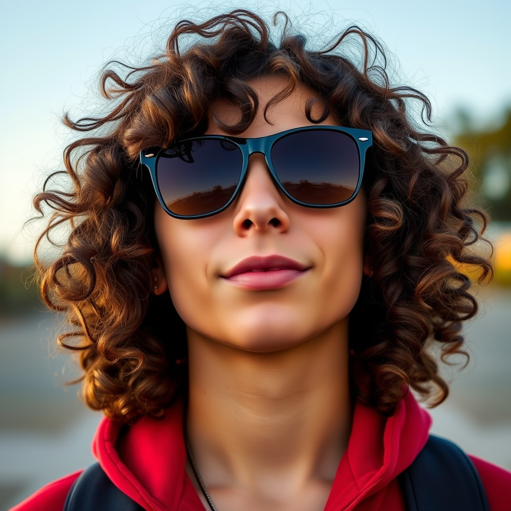 Create a high-resolution digital portrait of a person with curly hair and sunglasses, using a 50mm lens, f/2.8 aperture, ISO 100, and soft diffused lighting for a clear and vibrant appearance.
