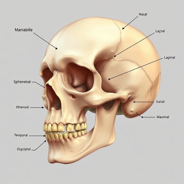 Create a detailed illustration of a human skull with labeled bones including Frontal, Parietal, Sphenoid, Ethmoid, Nasal, Lacrimal, Maxilla, Temporal, Occipital, Zygomatic, and Mandible, using a high-resolution digital art style, simulated natural lighting, 35mm lens, and a clear focus on anatomical accuracy.