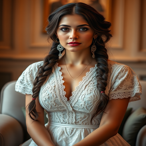 Create a portrait of a refined and elegant Kurdish woman seated in a sophisticated setting. She has long, wavy hair styled in two thick braids that are pulled over her shoulders. She wears a white, lace gown with intricate patterns, featuring a deep V-neckline and short sleeves. The dress exudes a vintage charm with its delicate lacework. She is adorned with ornate, dangling earrings that add a touch of glamour to her appearance. The background is softly lit, with warm, ambient lighting that creates a cozy and inviting atmosphere. Her expression is poised and serene, capturing a sense of grace and elegance.