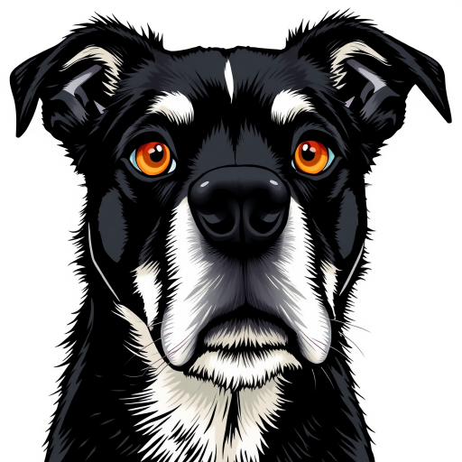 Create a detailed illustration of a black and white dog with striking amber eyes. The dog's face should be prominent and expressive, featuring a mix of fur textures. The background should be a soft, neutral color to enhance the dog's features. The overall style should be bold and graphic, emphasizing the dog's unique characteristics.