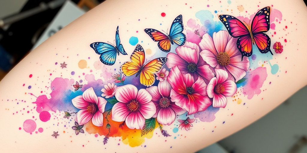 Vibrant watercolor tattoo named "Chromatic Bloom" featuring a cascade of flowers and butterflies in pastel hues melding seamlessly with bold splashes of neon colors creating a dreamy ethereal effect