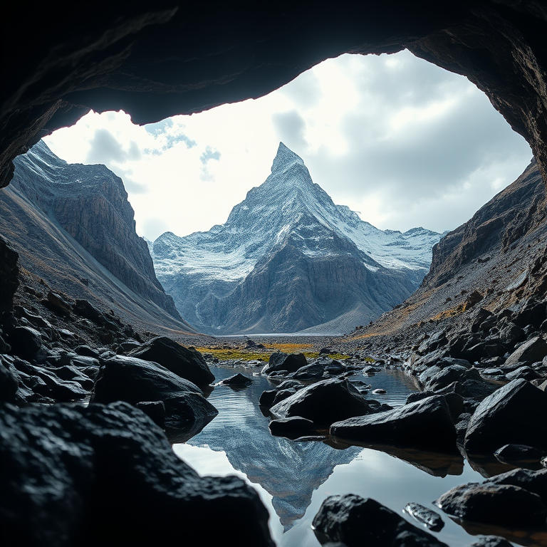 Regenerate a high-resolution landscape image of a dramatic mountain scene viewed from a cave, emphasizing the contrast between light and shadow, using a DSLR camera setting of f/11 aperture, 1/250 shutter speed, ISO 100, with a wide-angle lens at 18mm, capturing vibrant colors and detailing in the rocks and water reflection.