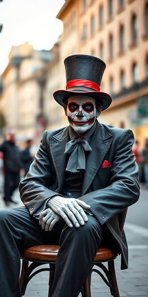 Create an image of a statue-like street performer in a top hat and painted attire sitting on a chair in an urban setting, using a 50mm lens, f/1.8 aperture, ISO 200, and natural lighting for a soft focus effect, capturing a close-up view to enhance details and texture.