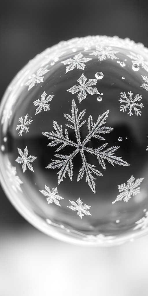 macro shot of a frozen soap bubble with snowflake patterns and leaves inside, shallow depth of field, 50mm lens, f/2.8, ISO 100, natural light, monochrome style, DSLR camera
