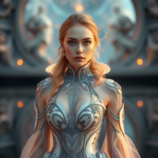 Create an image of a woman in a futuristic dress with intricate details and a surreal background, capturing her ethereal presence, shot with a Canon EOS 5D Mark IV, 85mm lens, f/1.8, ISO 100, in a soft focus style at eye level.
