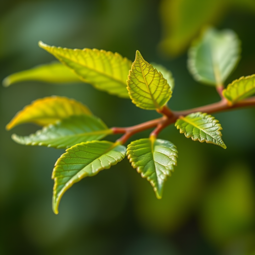 Create a high-resolution image of a green leaf branch with a focus on vibrant colors and sharp detail, using a macro lens, f/2.8 aperture, 100mm focal length, natural lighting, and a DSLR camera.