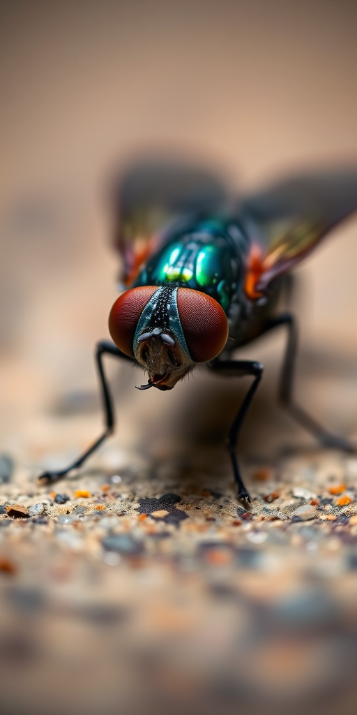macro shot of a fly on a surface with a shallow depth of field capturing iridescent details, f/2.8 aperture, 100mm lens, ISO 200, natural light, focus on the fly, DSLR camera