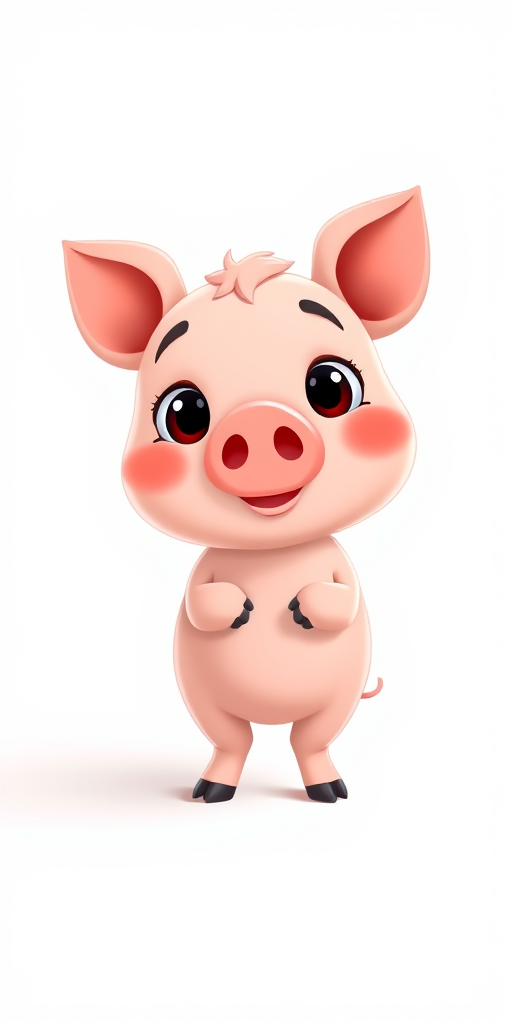 Create a cute cartoon pig character with a playful expression, high resolution, 4K quality, soft lighting, DSLR camera settings, 50mm lens, f/1.8 aperture, 1/100s shutter speed, centered view, vibrant colors, minimalistic background.