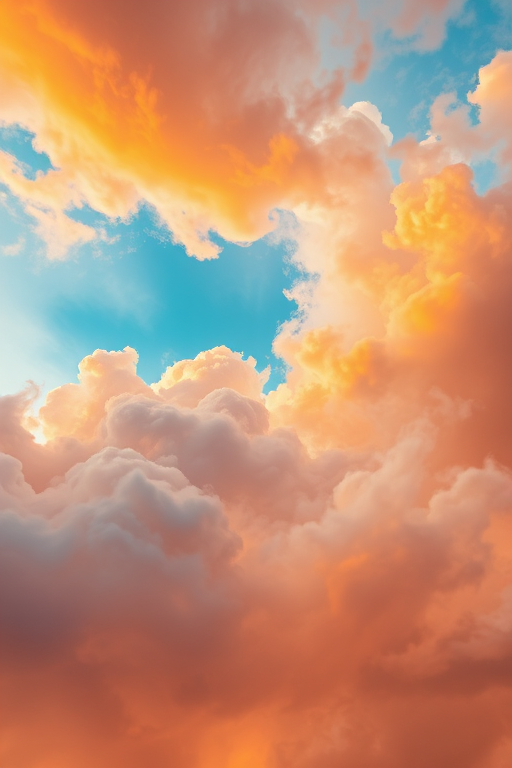 Generate an abstract representation of colorful swirling clouds in shades of orange and blue, capturing a sense of motion and depth, using a DSLR camera with a 50mm lens, aperture f/1.8, ISO 100, shot in natural light, with a soft focus and high dynamic range settings.