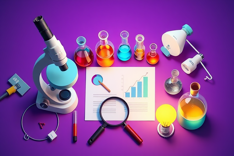 Create a vibrant digital illustration of a scientific workspace featuring a microscope, beakers with colorful liquids, a magnifying glass, graphs on a sheet of paper, and a light bulb, with a purple background, using a Canon EOS R5, 50mm lens, f/2.8 aperture, ISO 100, in a top-down view for enhanced clarity and color saturation.