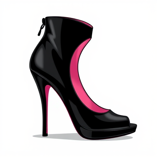 Create a high-resolution vector illustration of a stylish black high-heeled shoe with a pink interior, shot from a side angle using a DSLR camera with a 50mm lens, f/1.8 aperture, ISO 100, and soft natural lighting.