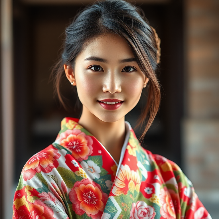 Create a highly detailed portrait of a young woman in a colorful kimono with intricate floral patterns, use a shallow depth of field to blur the background, set the aperture to f/1.8, shutter speed at 1/125s, ISO 100, using a 50mm lens on a full-frame DSLR, captured in soft natural light to highlight her features and the texture of the fabric.