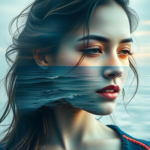 create Book cover, A surreal double exposure portrait that blends a woman's face with a beautiful seascape. The overall mood is dreamy and mystical, with rich colors and intricate details