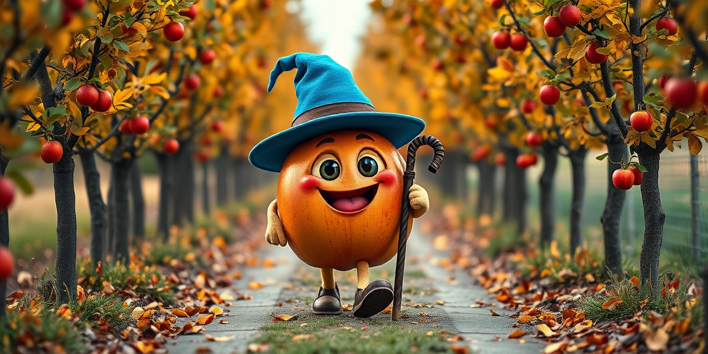 Create a whimsical scene featuring a cheerful cartoon apple character wearing a blue hat and holding a cane, walking down a picturesque autumn pathway lined with apple trees, captured with a Canon EOS R5, 50mm lens, f/1.8, ISO 100, natural lighting, eye level view, vibrant colors, and a soft background blur to enhance focus on the character.