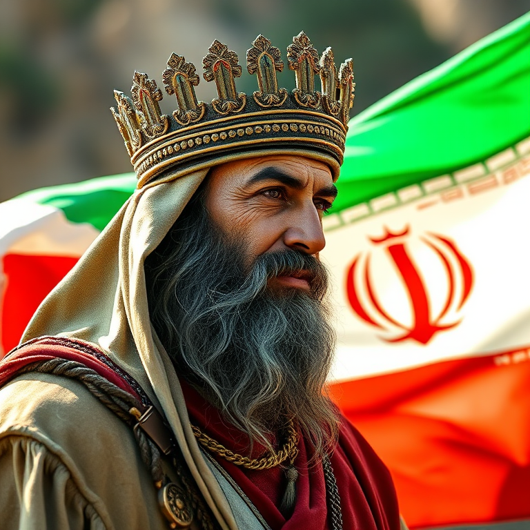 Create an image of a historical figure resembling an ancient Persian king, combined with a flowing Iranian flag in vibrant colors, using a DSLR camera, aperture f/4, ISO 100, 50mm lens, captured in high resolution with soft natural lighting.