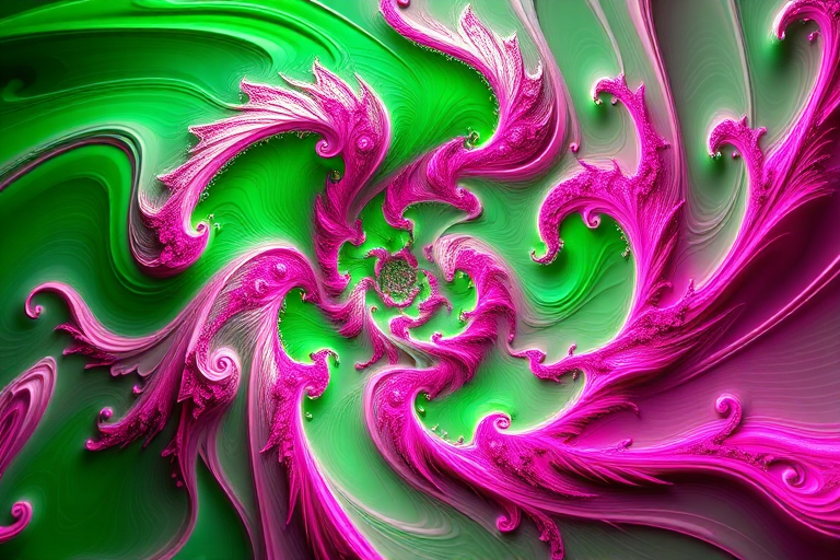 Create a high-resolution abstract fractal design featuring swirling patterns in vibrant green and pink colors, using a Canon EOS 5D Mark IV with a 50mm f/1.8 lens, aperture set to f/4, ISO 100, and a shutter speed of 1/125 sec, capturing a soft focus background and bright contrast to enhance depth and detail.