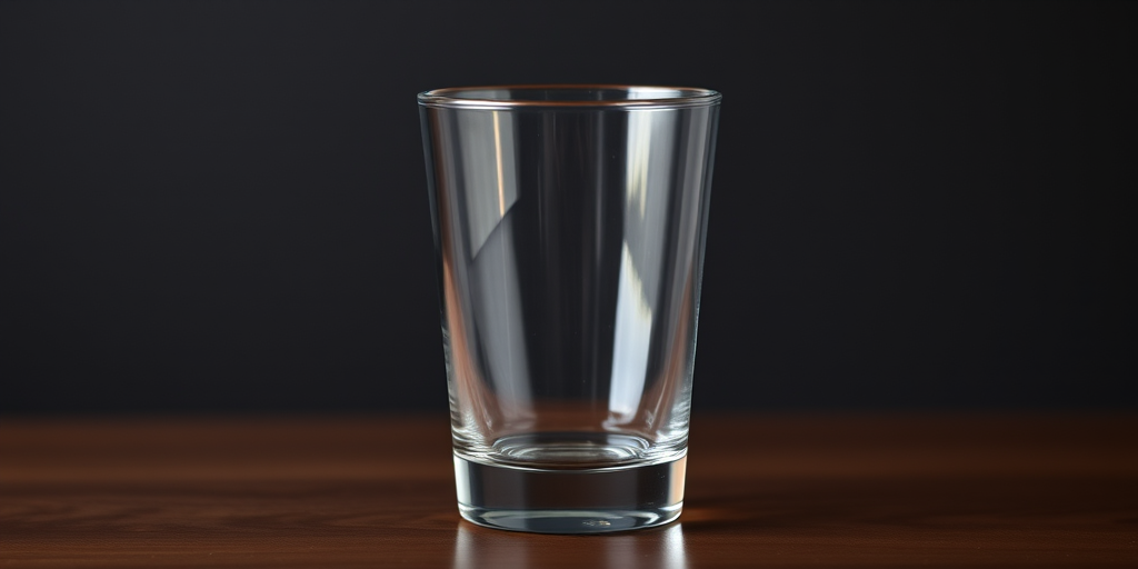 Create a high-resolution image of an empty glass with a transparent appearance, taken with a 50mm lens at f/1.8, ISO 100, and a shutter speed of 1/125 sec from a front view using a DSLR camera for enhanced clarity and detail.