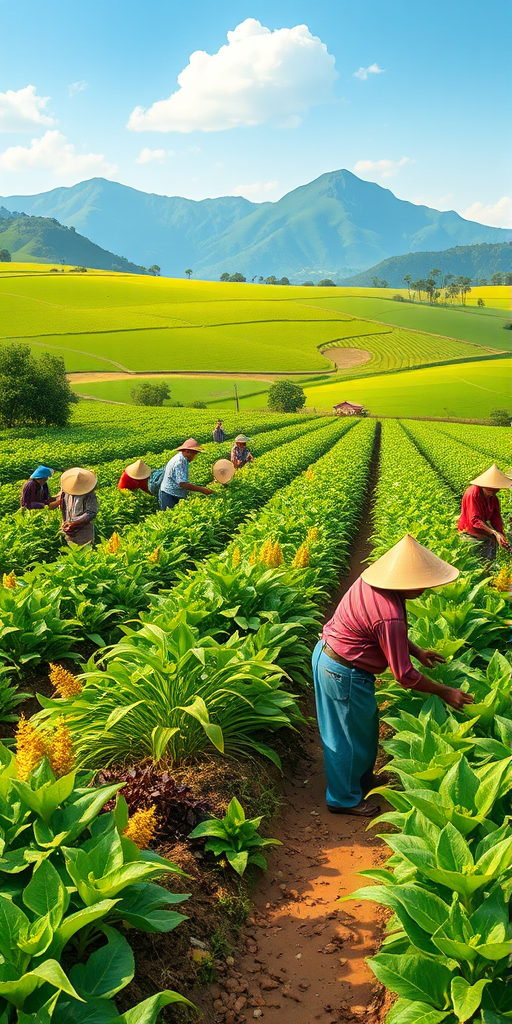 Create a vibrant illustration of diverse agricultural workers harvesting crops in a lush green landscape with mountains in the background, using a Canon EOS R5 with a 24-70mm f/2.8 lens, aperture set to f/8, ISO 100, and a shutter speed of 1/250 sec, shot from a slightly elevated angle to capture the depth of the scene and enhance the overall vibrancy and detail.